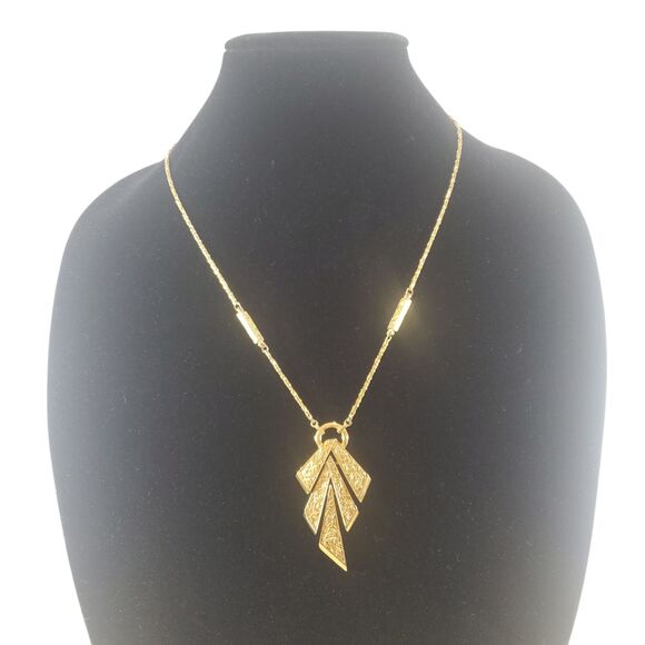 Crown Trifari Gold Tone Necklace Leaf Chevron Deco Feather Brutalist Abstract - Picture 1 of 12